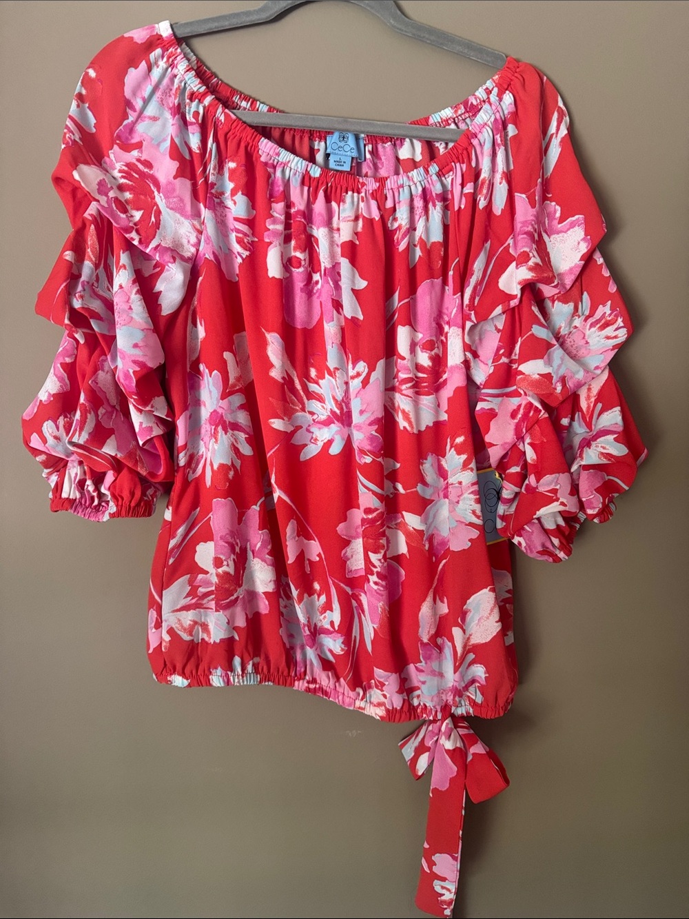 CeCe Coral Pink Floral Off-Shoulder Ruffle Sleeve Blouse